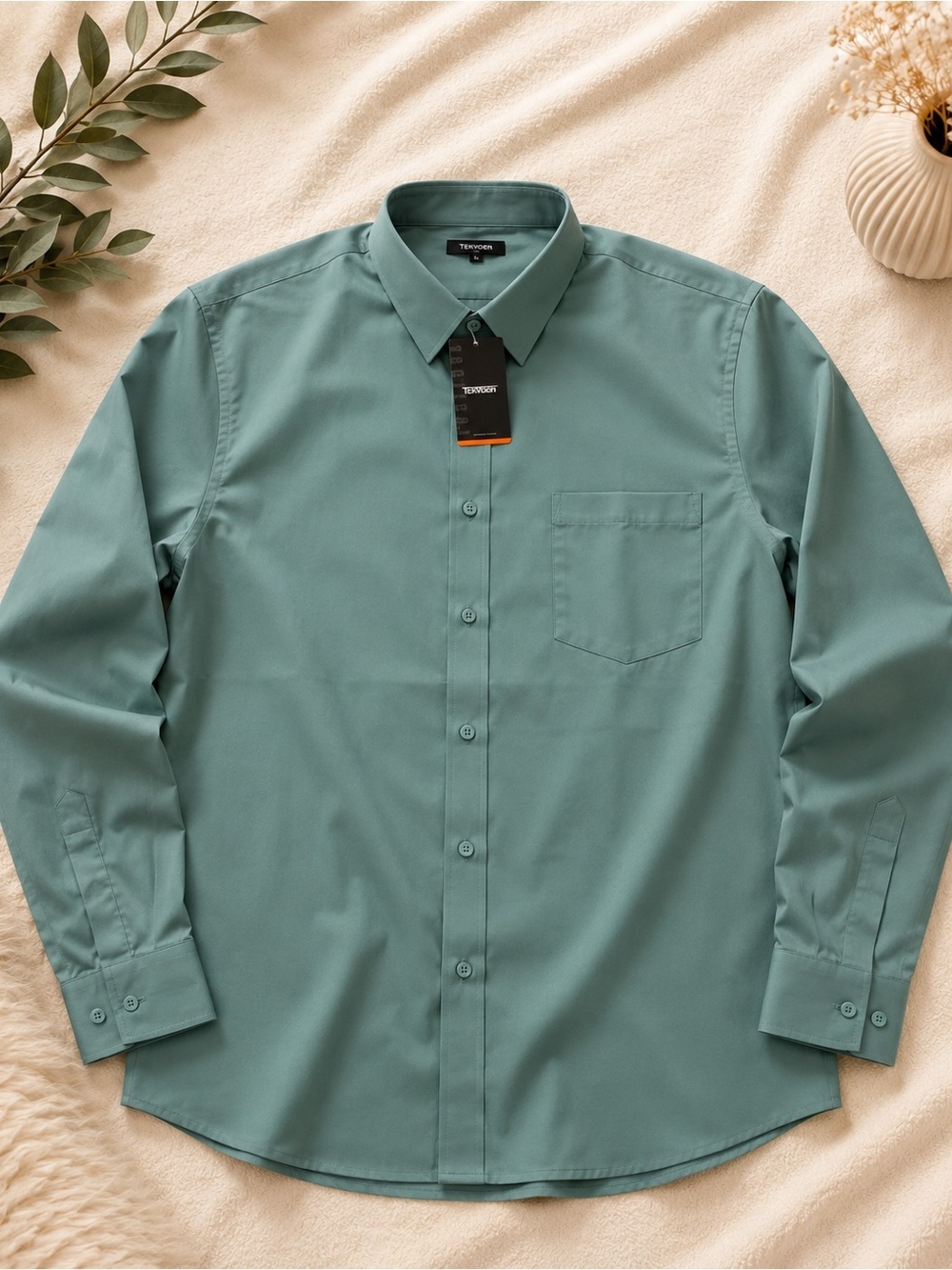 Men's Teal Green Long-Sleeve Button-Up Shirt